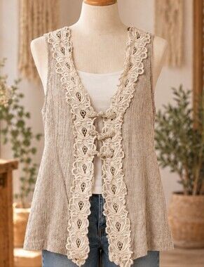 Vintage Erica Fashion Linen Rayon Vest Women L Beige Crochet Boho Made USA